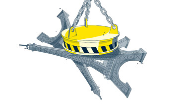 Illustration einer gelb-grauen Experimentalanlage auf einem stilisierten Forschungsobjekt.